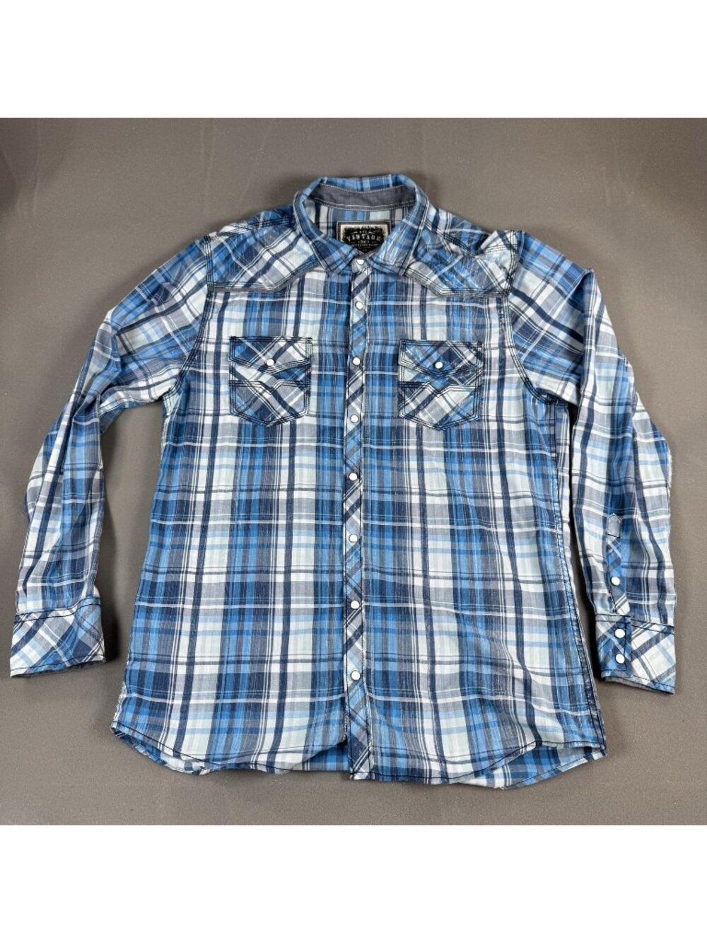 BKE Vintage Shirt Mens Size XL Blue Plaid Western Snap Button Casual Long Sleeve